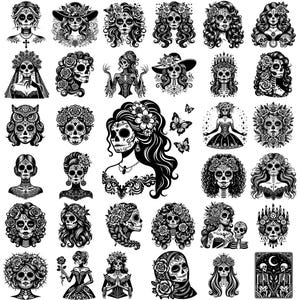 Puede incluir: Una colecci&oacute;n de ilustraciones en blanco y negro que presentan calaveras de az&uacute;car y figuras femeninas, adornadas con flores, sombreros y dise&ntilde;os intrincados. Algunas im&aacute;genes incluyen mariposas y figuras esquel&eacute;ticas, perfectas para el tema del D&iacute;a de Muertos.