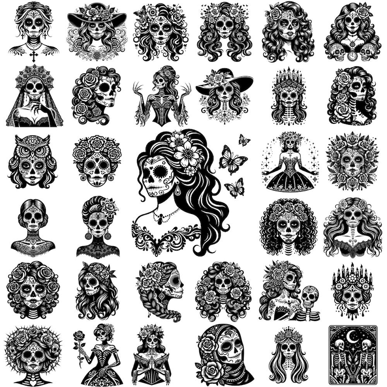 Puede incluir: Una colecci&oacute;n de ilustraciones en blanco y negro que presentan calaveras de az&uacute;car y figuras femeninas, adornadas con flores, sombreros y dise&ntilde;os intrincados. Algunas im&aacute;genes incluyen mariposas y figuras esquel&eacute;ticas, perfectas para el tema del D&iacute;a de Muertos.