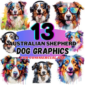 13 Australian Shepherd Dog PNG Bundle | Watercolor Clipart Designs | Dog Lover Digital Download | Commercial Use | Instant Download