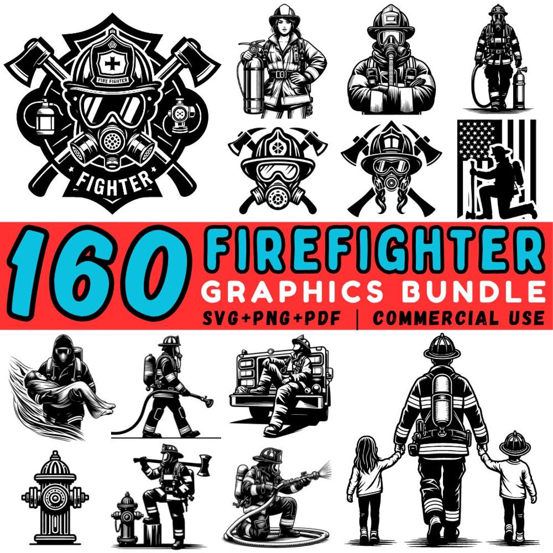 160 Firefighter SVG Bundle: Fireman Helmet, Axes, Rescue Truck Clipart ...