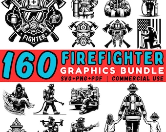 Paquete de 160 imágenes SVG de bomberos: casco de bombero, hachas y archivos de corte de camión de rescate (uso comercial)