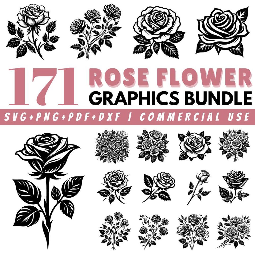 171 Rose Flower SVG Bundle: Botanical Floral Clipart, Vintage Rose Line ...