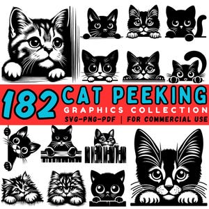 Op de afbeelding: Een verzameling van 182 zwart-wit kattenpiek-afbeeldingen. De afbeelding toont verschillende kattenillustraties, sommige kijken over objecten heen. Tekst op een rode achtergrond luidt "182 CAT PEEKING GRAPHICS COLLECTION SVG-PNG-PDF | FOR COMMERCIAL USE."
