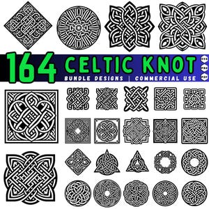 May include: A collection of 164 Celtic knot bundle designs in black and white. The designs include various shapes such as squares, circles, and triangles, with intricate interwoven patterns. Text reads "164 Celtic Knot Bundle Designs Commercial Use."
