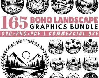 165 Boho Landscape SVG Bundle: Minimalist Desert Clipart, Sun and Mountain Silhouettes (Commercial Use)