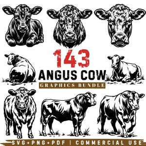 143 Angus Cow SVG Bundle: Black Angus Cattle Clipart, Farm Animal Cut Files (Commercial Use)