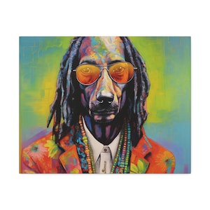 May include: A colourful canvas print depicting a dog wearing orange-tinted sunglasses and a floral blazer. The dog's portrait is set against a backdrop of green, yellow, and blue. The artwork has a psychedelic style, with a white collared shirt.