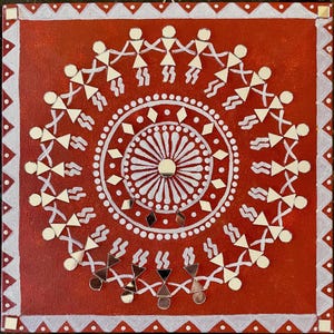 May include: A red canvas painting with a white mandala design in the center. The mandala is surrounded by a circle of white stick figures holding hands. The stick figures are decorated with small, mirrored pieces.