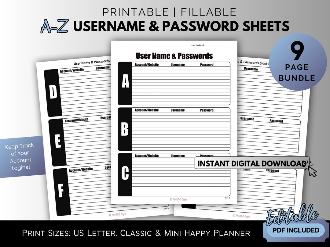 Printable Password Tracker A-Z: Fillable Password Log (PDF) - Etsy