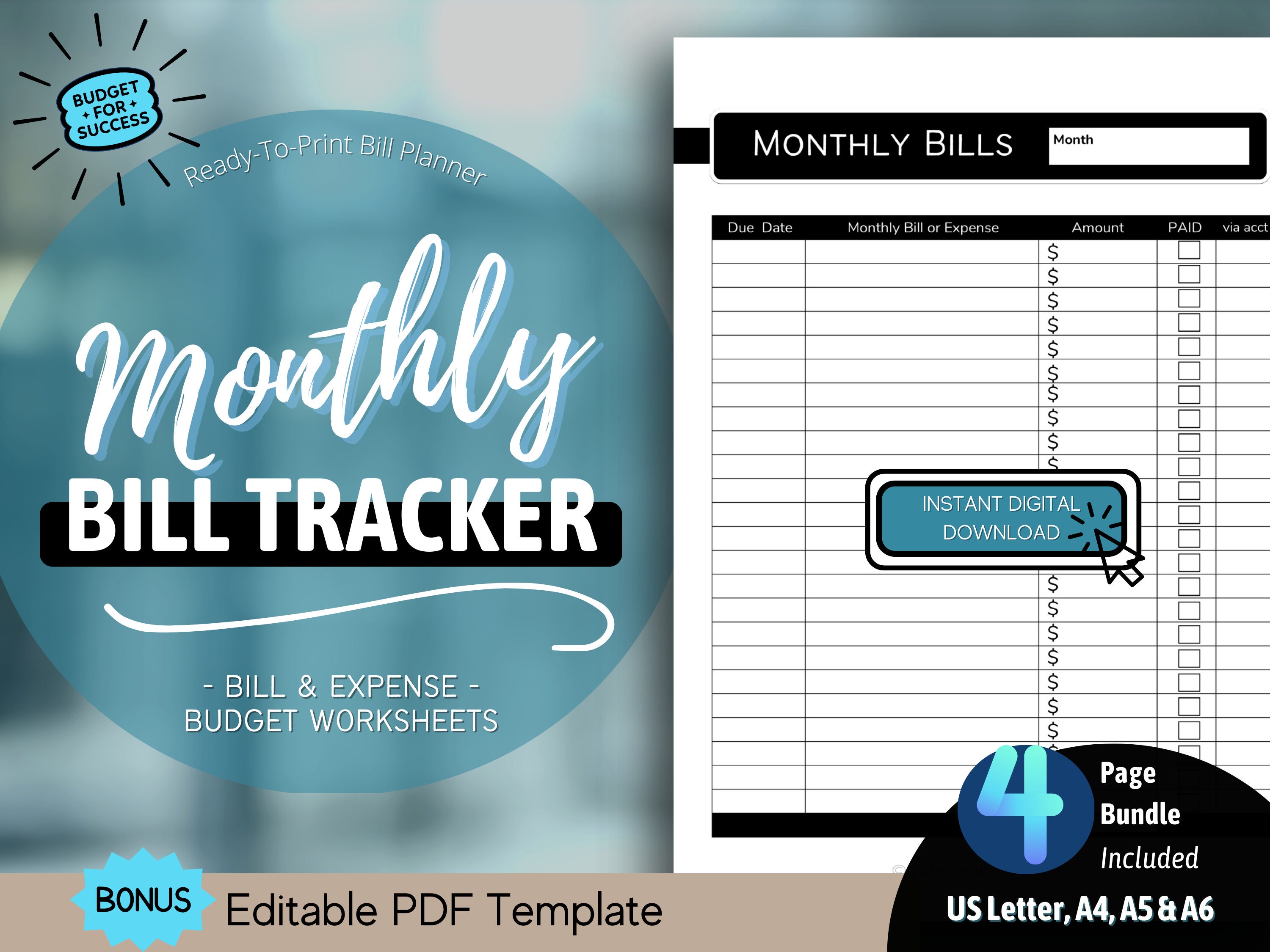 Editable Monthly Bill Tracker, Budget Planner Printable, Bill Expense ...