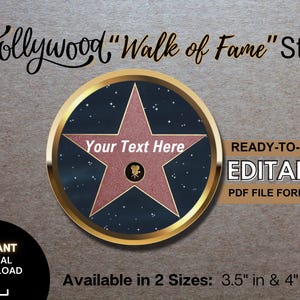 3.5&quot; Hollywood Walk of Fame DIY Star  - 4 in Red Carpet Decor - Instant Digital Download - Editable PDF - Printable Sheets, Celebrity VIP