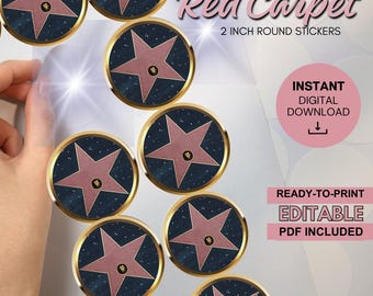 Red Carpet Hollywood Star Stickers: 2" VIP Party Labels (Digital Download) | Editable