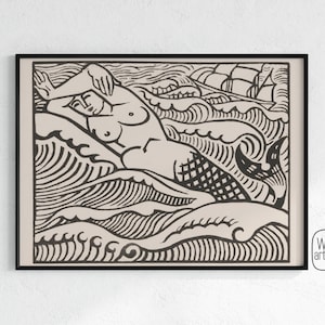 Black and White Mermaid Woodcut by André Lhote | Printable, vintage mermaid, prints and posters, bathroom art, neutral bathroom wall art