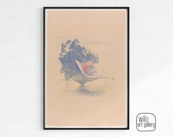Vintage Painting of Conch Shell in Beige and Blue (Instant Download)