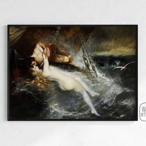 Pintura del beso de sirena de Gustav Wertheimer / Descargar pinturas de sirenas prerafaelitas, arte de sirena vintage, sirena, sirena, prerafaelita