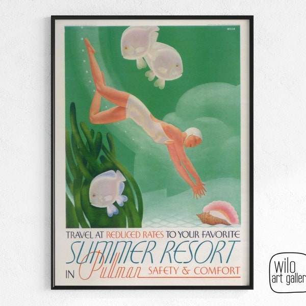 Art Deco Swimming Print | Download, Art Deco Swimmer, Flapper Girl Swimming, Art Deco Posters, Swimming Artwork, Art Deco Tropical Art Print