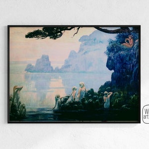 Coastal Mermaid Painting | Download, Vintage Mermaid Art, Mermaid Paintings, Victorian Mermaid Art, Mermaid Prints, Beach House Wall Art