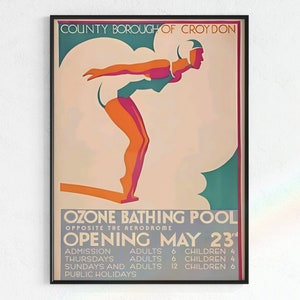 Bunter Vintage Pool Druck | Direkter Download, Schwimmer Poster, art deco, vintage poster, schwimmbad kunst, schwimmbad kunst, Lido