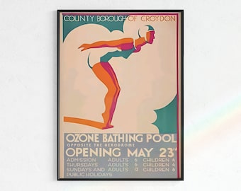 Impresión / descarga directa de piscina vintage colorida, póster de nadador, art déco, carteles vintage, arte de piscina en línea, arte de piscina a la venta, Lido