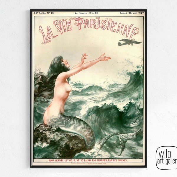 Vintage Mermaid Art Print from La Vie Parisienne | Instant Download, Mermaid Poster, Siréne, Gift for mermaid lover, mermaid prints, digital