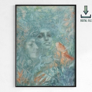 Zwei Nymphen und ein Koi Fisch von Lucien Lévy-Dhurmer | Download, witchy prints, nymphe Kunstdrucke, Wassernymphen, Najade, Nereide, Meerjungfrau Kunst
