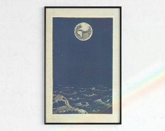 Earth and Moon Vintage Print| digital download, moon art, space posters, astronomy, posters, la lune print, blue art print, blue and beige