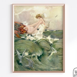 Mermaid and MerBaby Lg Scale Art Print | Digital Vintage Mermaid Mother and Baby illustration, Mermaid Nursery, Mercore, Watercolor Mermaid