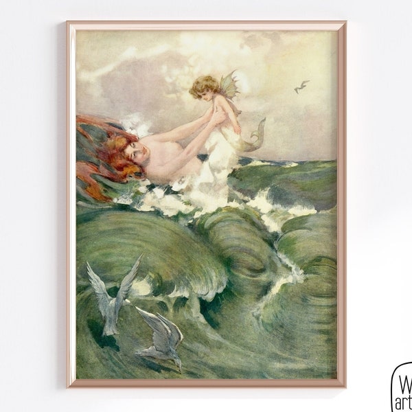 Mermaid and MerBaby Lg Scale Art Print | Digital Vintage Mermaid Mother and Baby illustration, Mermaid Nursery, Mercore, Watercolor Mermaid