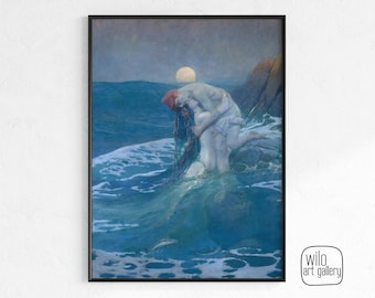 Vintage Mermaid Painting in Blue by Howard Pyle | Rescuing a Sailor like Ariel (Digital Download)