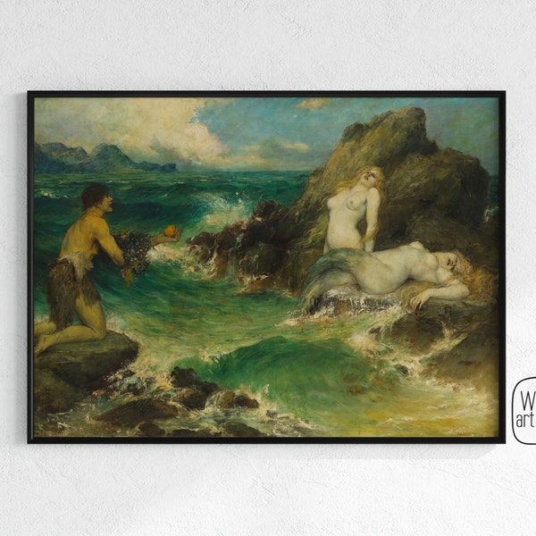 Dramatic Coastal Mermaid Painting | Download, Mermaids Painting, Vintage Mermaid Print, Mermaid Prints, Stormy Seascape, Mermaid Art,  sea