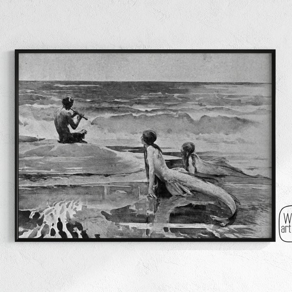 Dramatic Mermaids Painting, in Black and White, by John Weguelin | Download watercolor mermaids, vintage mermaid painting, affiche de sirene