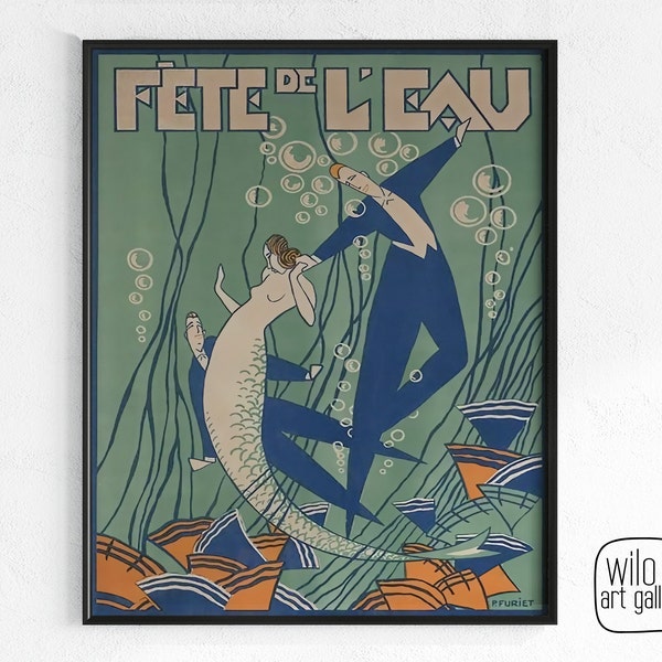 Art Deco Mermaid Print in Teal | Vintage French Poster (Instant Download)