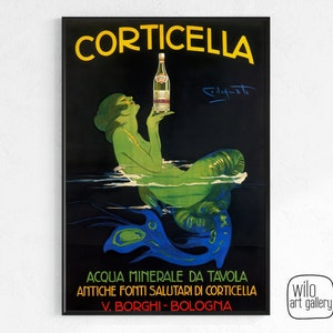 Plakat w stylu art déco syreny dla Corticella autorstwa Plinio Codognato | Pobieranie sztuki cyfrowej, plakaty z alkoholem, plakaty z Włoch, plakaty z wózkami barowymi, mercore