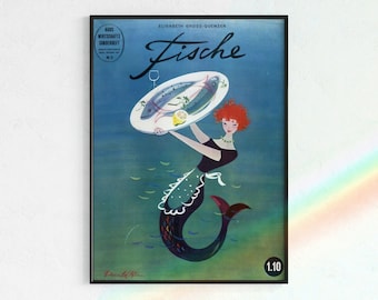 Art Deco Mermaid Print with French Maid Costume | Retro Seafood Advertisement (Digital Download)