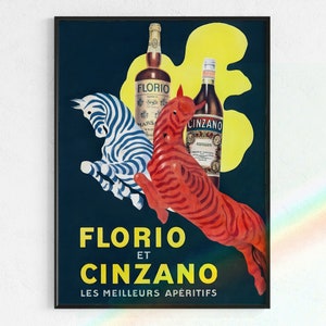 Plakat Retro Bar Cart autorstwa Capiello | Sztuka cyfrowa, Reklama alkoholu w stylu vintage, plakaty, wydruki, zebry, niebieski plakat, domowy bar, koktajle, aperitif, sztuka