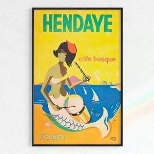 Cartel de viaje de sirena francés de mediados de siglo / Arte digital, Impresión de sirena, Carteles de viaje, Affiche de Sírene, Cartel vasco de Costa, arte de mediados de siglo