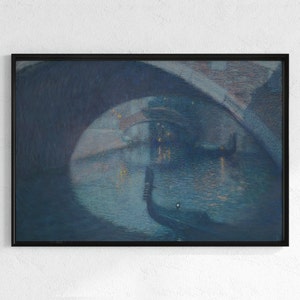 May include: A painting of a canal in Venice at night, with a bridge arching over the water. The water is dark blue and reflects the lights of the city. There are two gondolas in the water, one in the foreground and one in the distance.