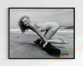 Fotografía de playa de Marilyn Monroe, impresión artística vintage en blanco y negro (descarga digital)