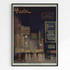 Cityscape Poster, Puck Magazine Covers | Download, City Lights Art Print, Cityscape Posters, city skyline art, vintage New York art night
