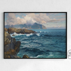 Moody Ocean Waves and Seaside Cliffs | Download Ocean Painting, Nautical Painting, Art for Cottage, dramatic ocean art, ocean printables