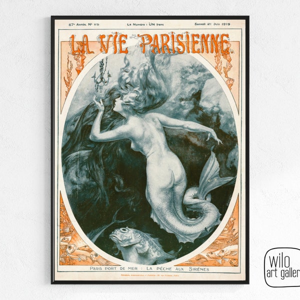 Mermaid Poster from La Vie Parisienne by Cheri Herouard | digital download, art nouveau, siréne, affiche, French mermaids, mermaid wall art