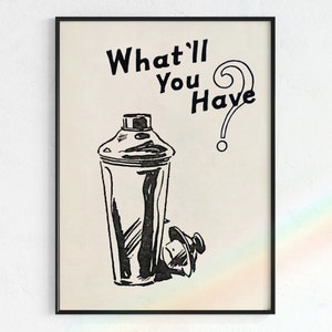 Vintage "What'll You Have?" bar cart print| Digital Art, bar wall, cocktails art, bar cart poster, beige, neutral print, Retro posters