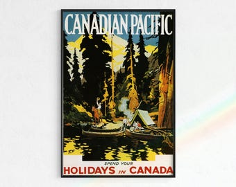Canadian Vintage Travel Poster, Lakeside Campsite (Digital Download)