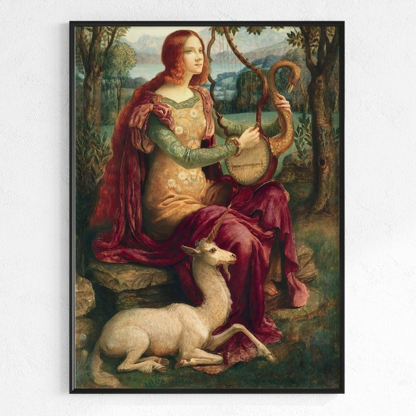 Eenhoorn schilderij, antieke Eenhoorn kunst | Download Unicorn Art, Unicorn Art Print, Peinture du Licorne, Unicorn Art, Preraphaelite Unicorn Art