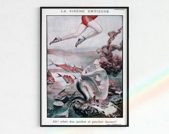Könnte beinhalten: Eine Vintage-Illustration einer Meerjungfrau, die auf einem Felsen sitzt, während eine Frau in einem roten Badeanzug über sie springt. Der Text auf dem Bild lautet "La Sirène Envieuse" und "Ah! avoir des jambes et pouvoir danser!"