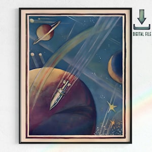 Vintage Space Poster | Digital Art Download, Rocketship, Retro Sci Fi, Science Fiction Art, Space Travel, Solar System Prints, Galaxy Poster