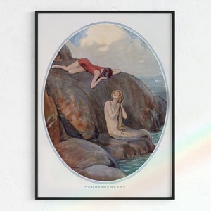 Mermaid Art Print &quot;Confidences&quot; by Lewis Baumer | Digital Download, Mermaid Poster, Mermaid Wall Art, sapphic art, digital art mermaids, wlw