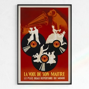 Anuncio de discos de vinilo retro de alta fidelidad / Arte digital, mediados de siglo, tocadiscos, grabados y carteles, carteles franceses, cartel rojo, grabados de arte