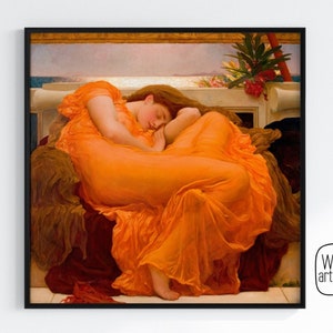 May include: A painting of a woman in a flowing orange robe, sleeping on a couch. The woman's hair is long and flowing, and she is surrounded by a luxurious setting. The painting is set against a backdrop of a seascape.