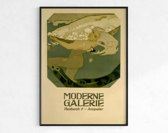Art Nouveau Mermaid Poster in Beige & Pale Green | Vintage Exhibition Print (Digital Download)